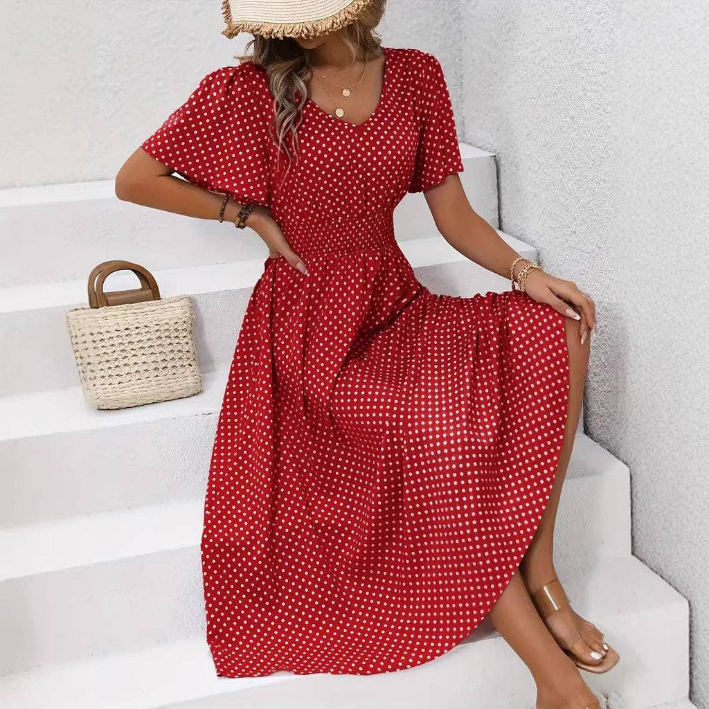 Women's Summer Casual V-Neck Polka Dot Print Waist Dress: Pink / S