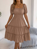 Spring Summer Solid Square Neck Short Sleeve Ruffle Dress: Khaki / S
