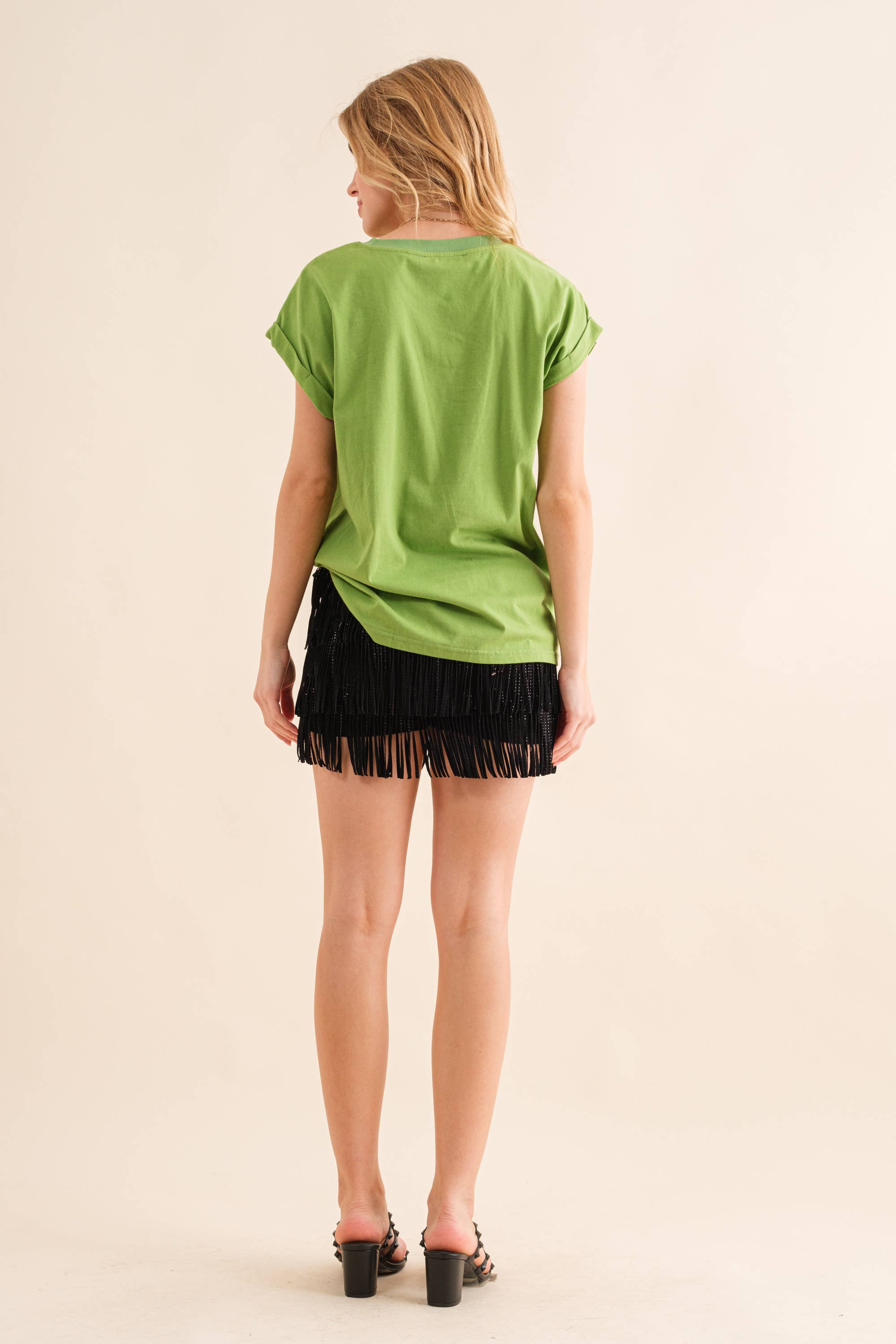 32933P - Wide Faux Leather Waist Tiered Fringe Studded Short: HOT PINK / S