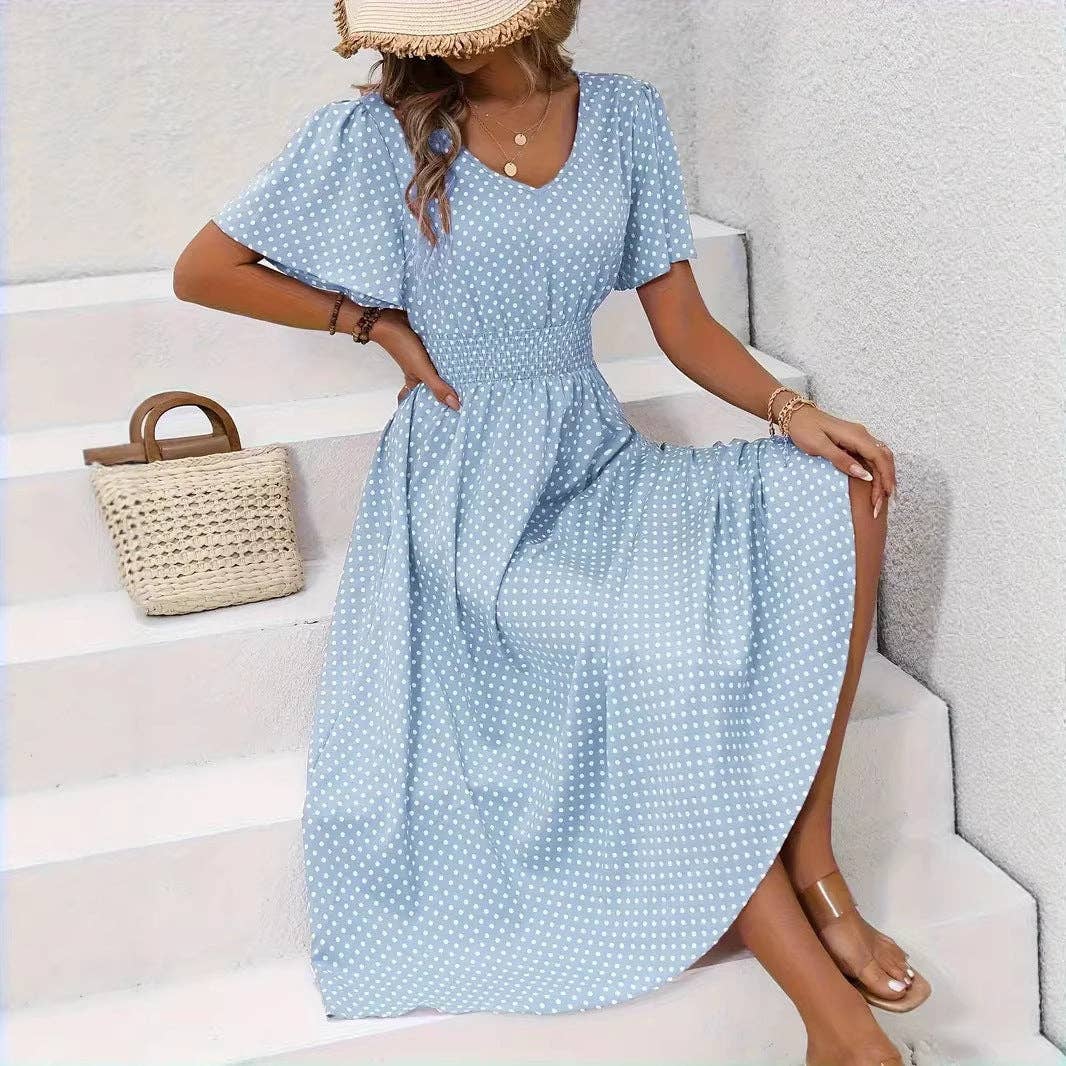 Women's Summer Casual V-Neck Polka Dot Print Waist Dress: Pink / XL