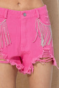 17368P - Distressed Frayed Detail Fringe Rhinestone Denim: FUCHSIA / S-M-L (2-2-2)