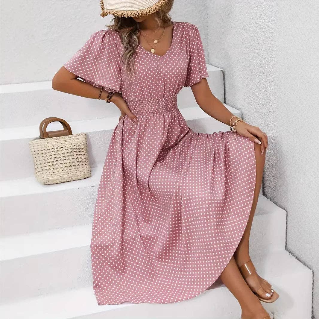 Women's Summer Casual V-Neck Polka Dot Print Waist Dress: Pink / L