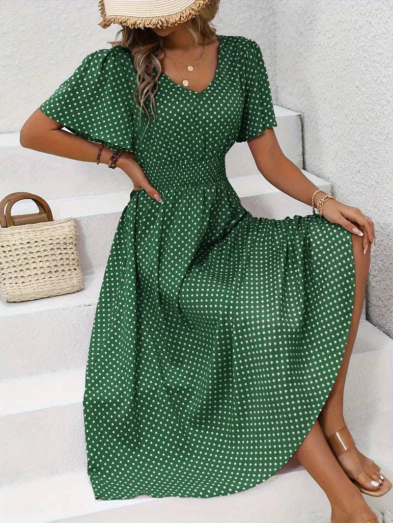 Women's Summer Casual V-Neck Polka Dot Print Waist Dress: Pink / L