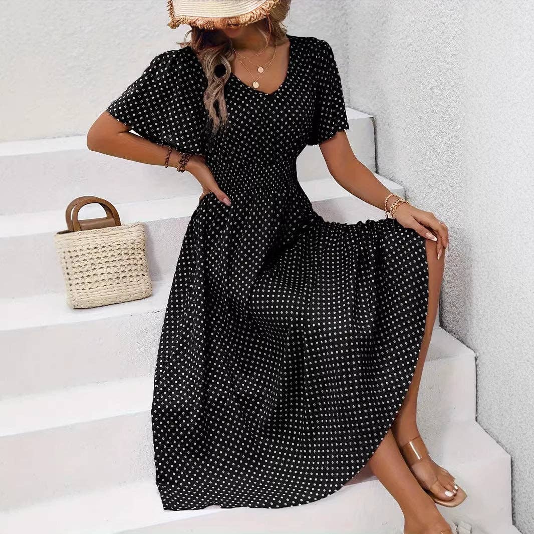 Women's Summer Casual V-Neck Polka Dot Print Waist Dress: Pink / XL