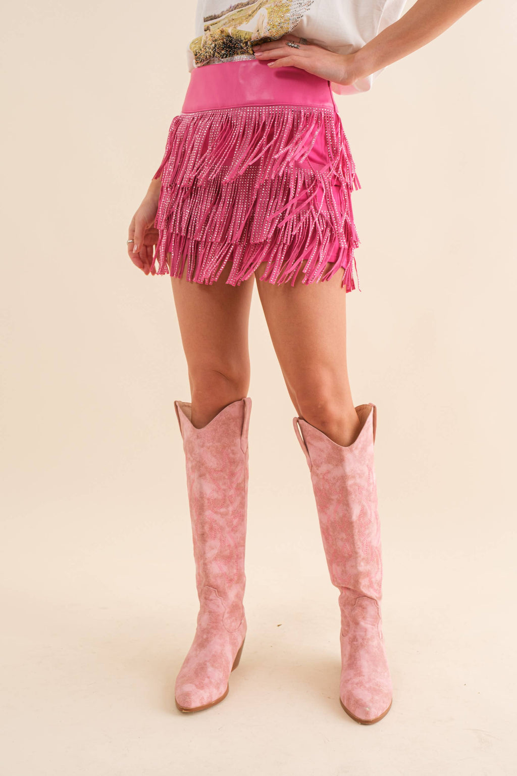 32933P - Wide Faux Leather Waist Tiered Fringe Studded Short: HOT PINK / S
