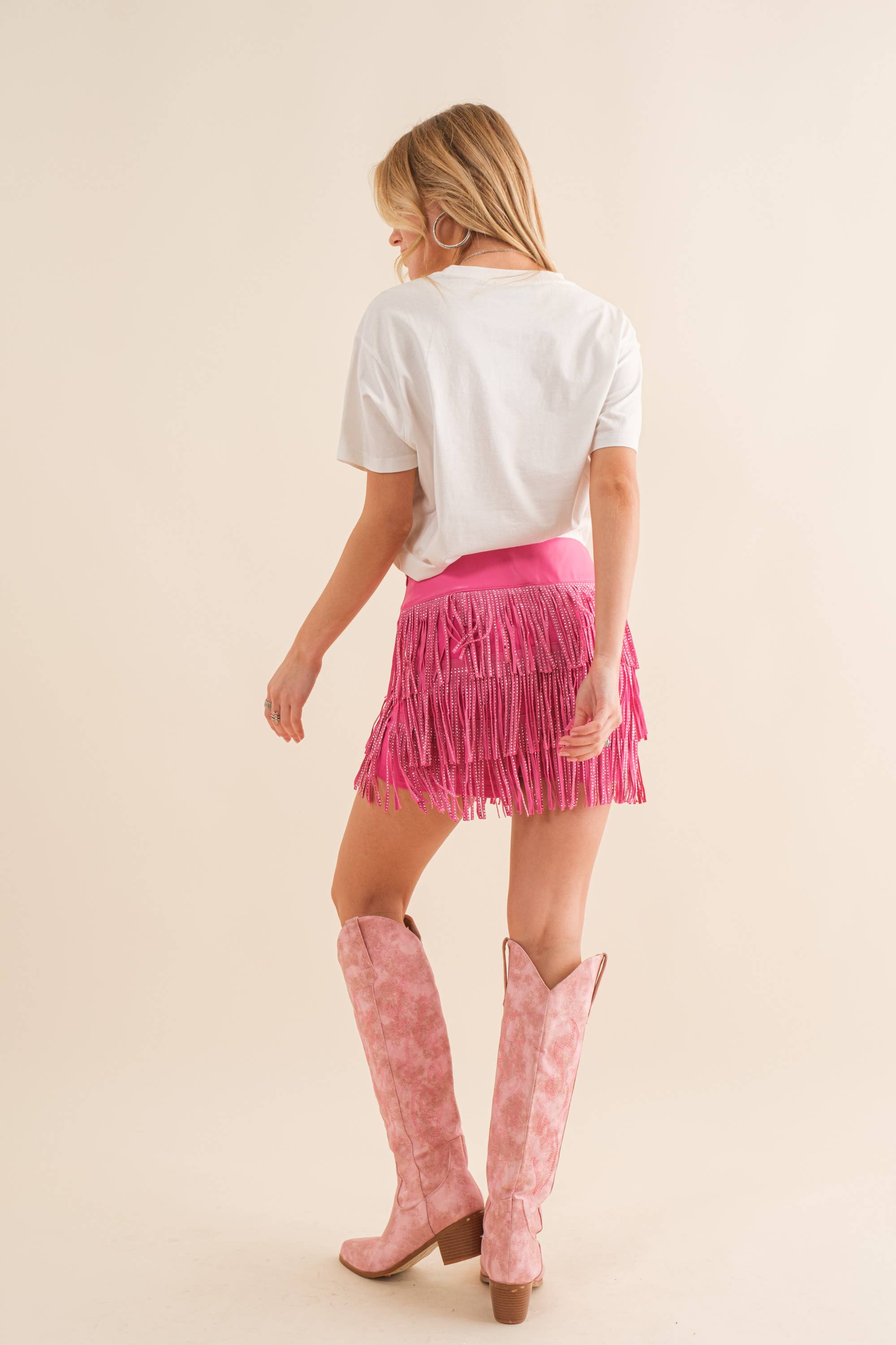 32933P - Wide Faux Leather Waist Tiered Fringe Studded Short: HOT PINK / S