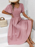 Women's Summer Casual V-Neck Polka Dot Print Waist Dress: Pink / L