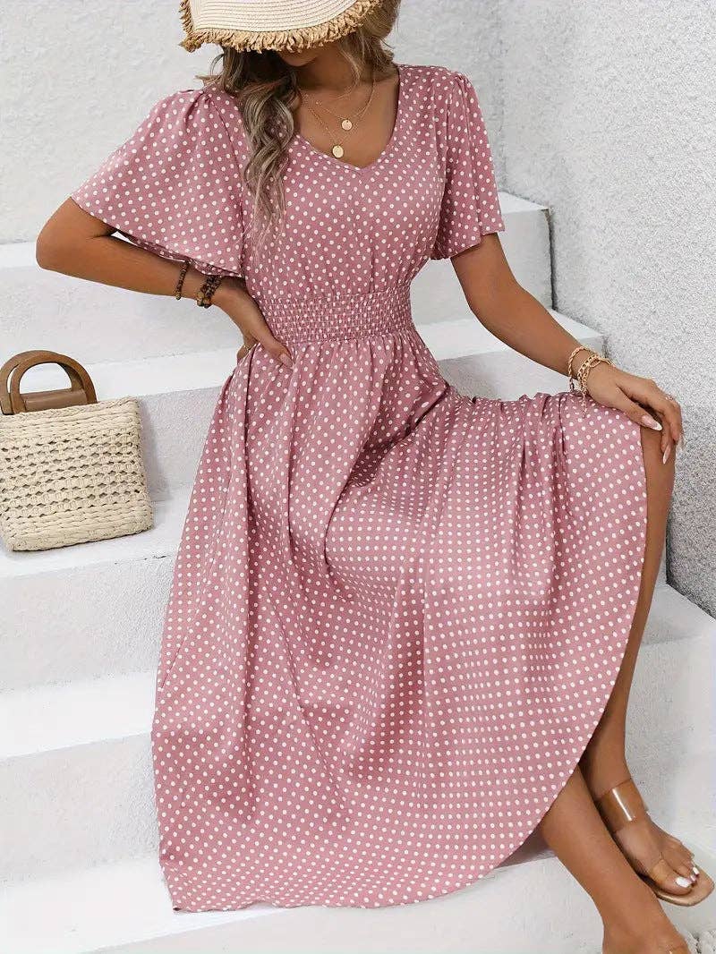 Women's Summer Casual V-Neck Polka Dot Print Waist Dress: Pink / S