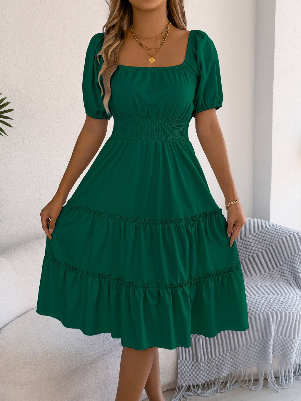 Spring Summer Solid Square Neck Short Sleeve Ruffle Dress: Khaki / L