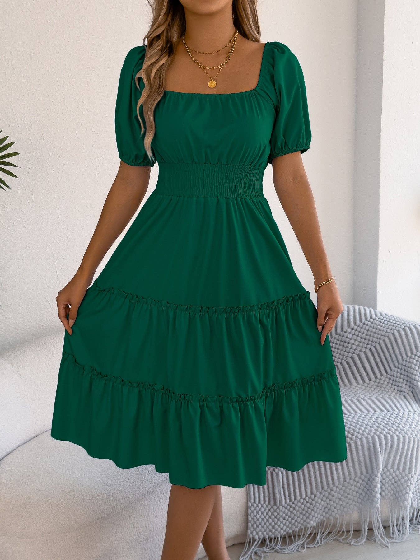 Spring Summer Solid Square Neck Short Sleeve Ruffle Dress: Khaki / XL