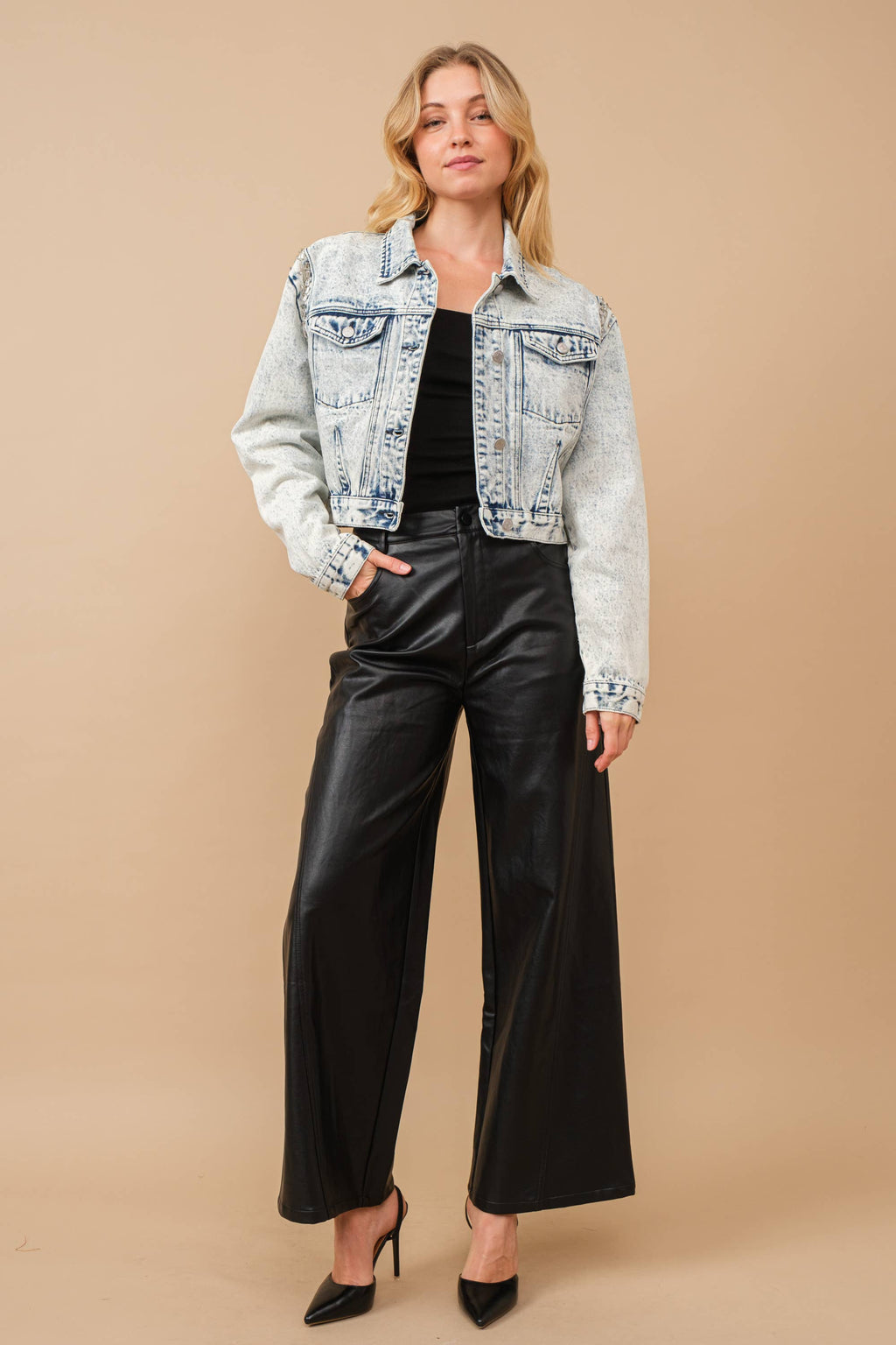 80037J - Acid Washed Shoulder Beading Denim Jacket: LIGHT WASH / M