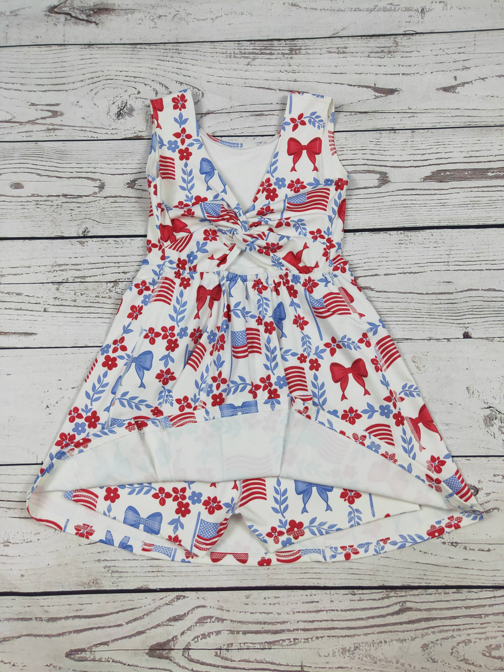 Flower Bow Print Girls Patriotic Athletic Dresses: 7-8T
