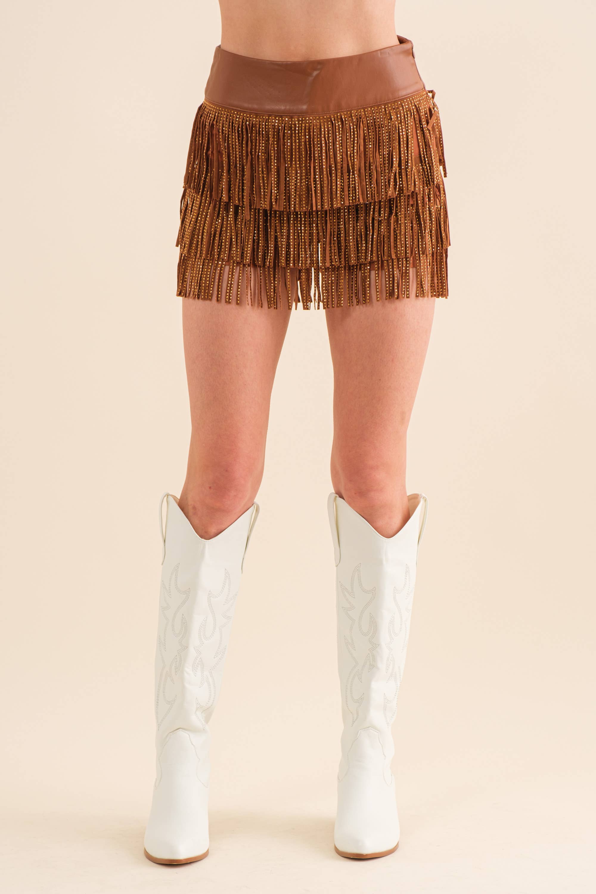 32933P - Wide Faux Leather Waist Tiered Fringe Studded Short: HOT PINK / L