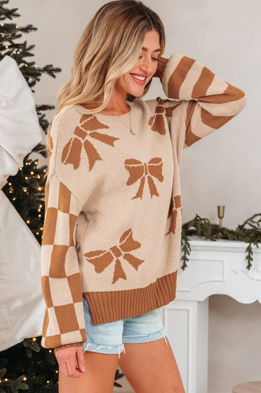 Bow Checker Stripe Patchwork Sleeve Sweater