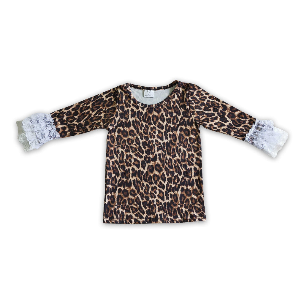 Leopard lace ruffle sleeves girls fall shirt