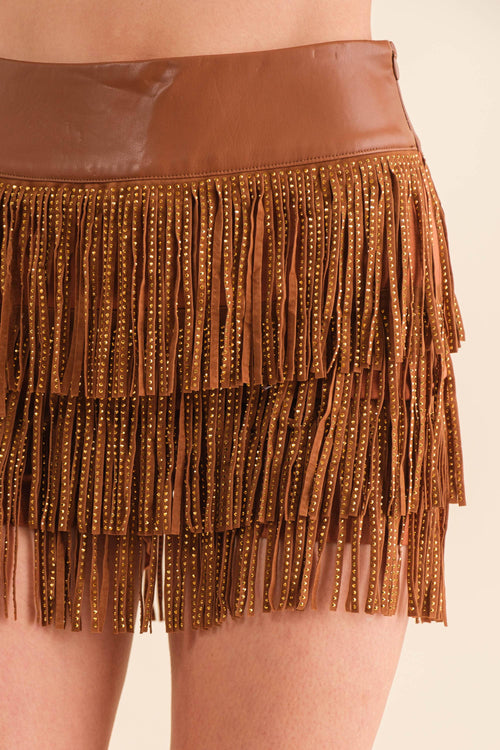 32933P - Wide Faux Leather Waist Tiered Fringe Studded Short: HOT PINK / L