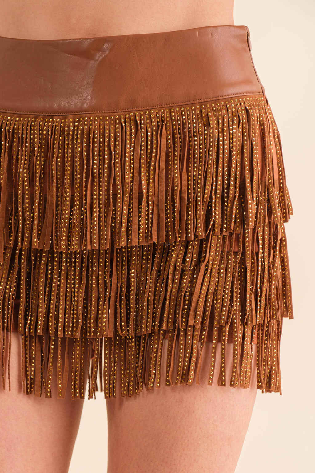 32933P - Wide Faux Leather Waist Tiered Fringe Studded Short: HOT PINK / M