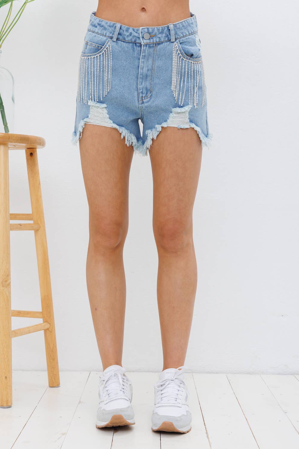 17368P - Distressed Frayed Detail Fringe Rhinestone Denim: FUCHSIA / S-M-L (2-2-2)