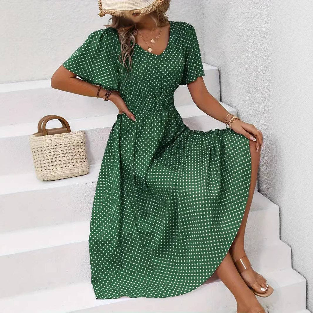 Women's Summer Casual V-Neck Polka Dot Print Waist Dress: Pink / S