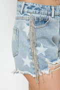 15052P - Star Denim Shorts w Rhinestone Side Fringe: DENIM / MEDIUM