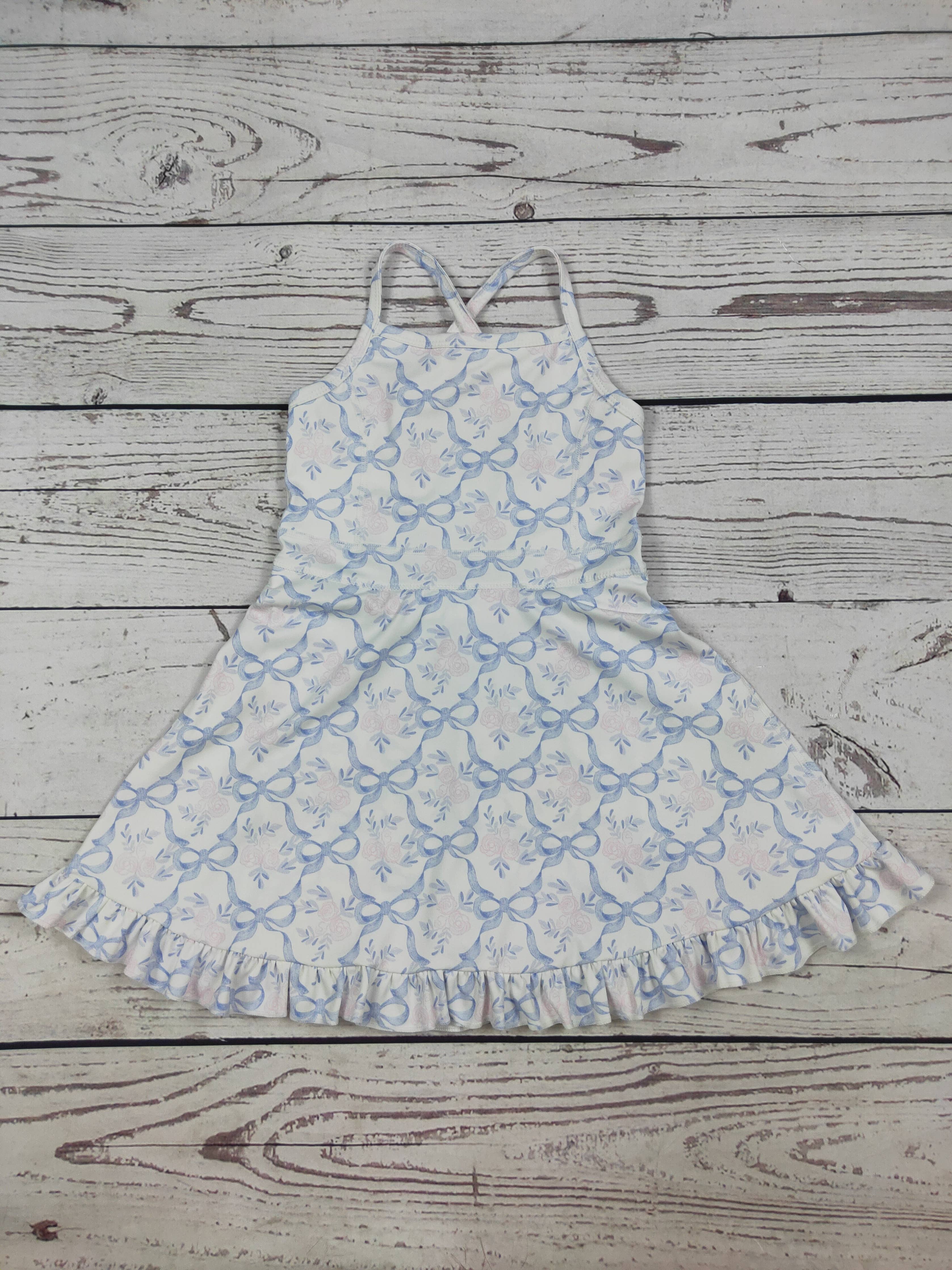 Flower Bow Print Girls Athletic Dresses: 6-7T