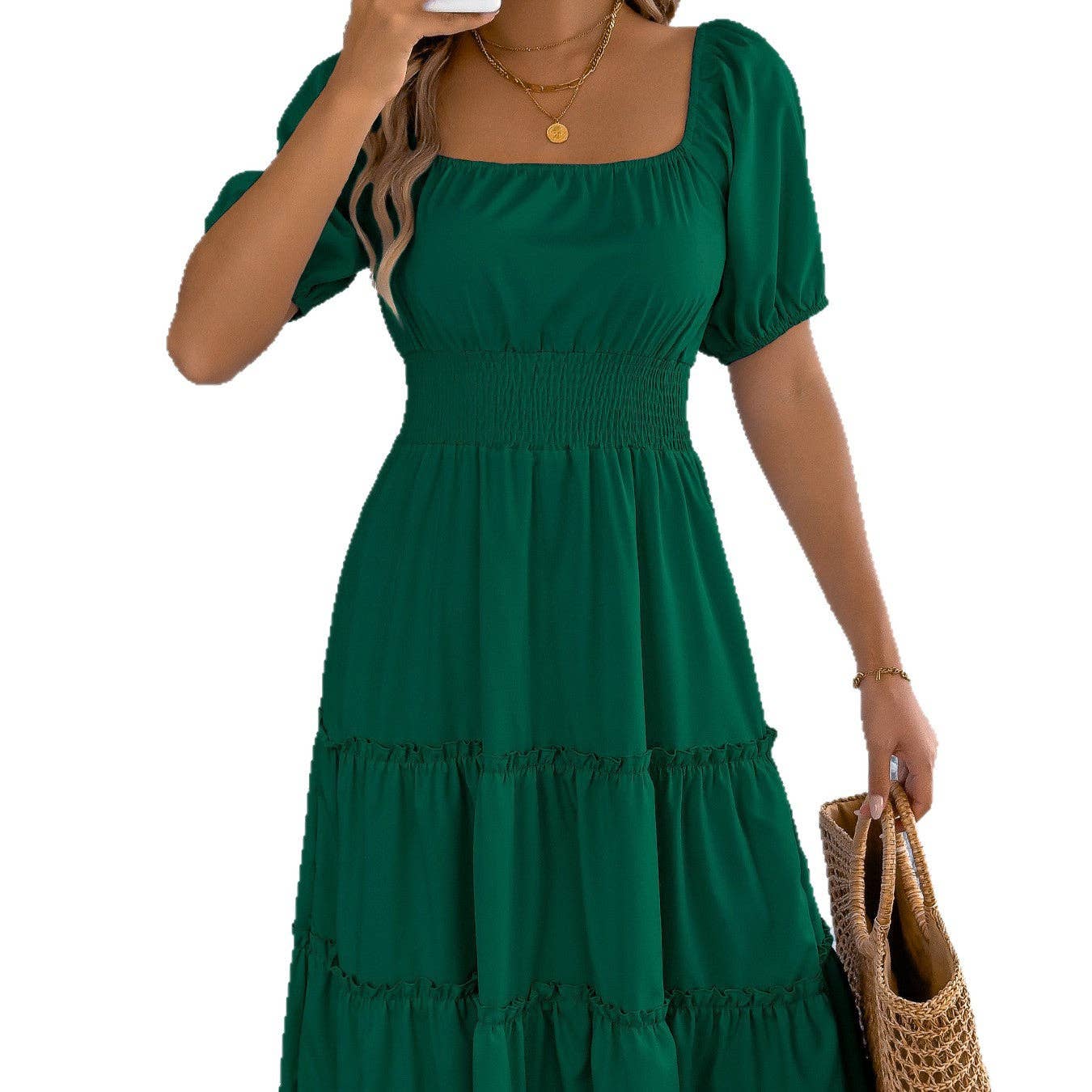 Spring Summer Solid Square Neck Short Sleeve Ruffle Dress: Khaki / XL