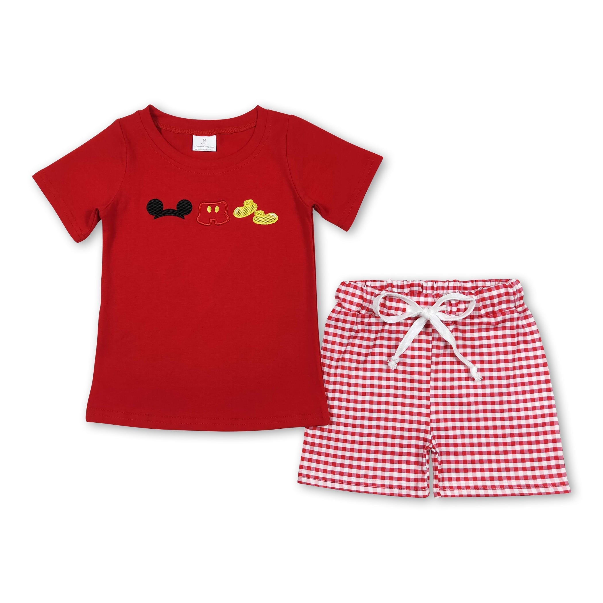 Red short sleeves mouse top plaid shorts boys outfits
