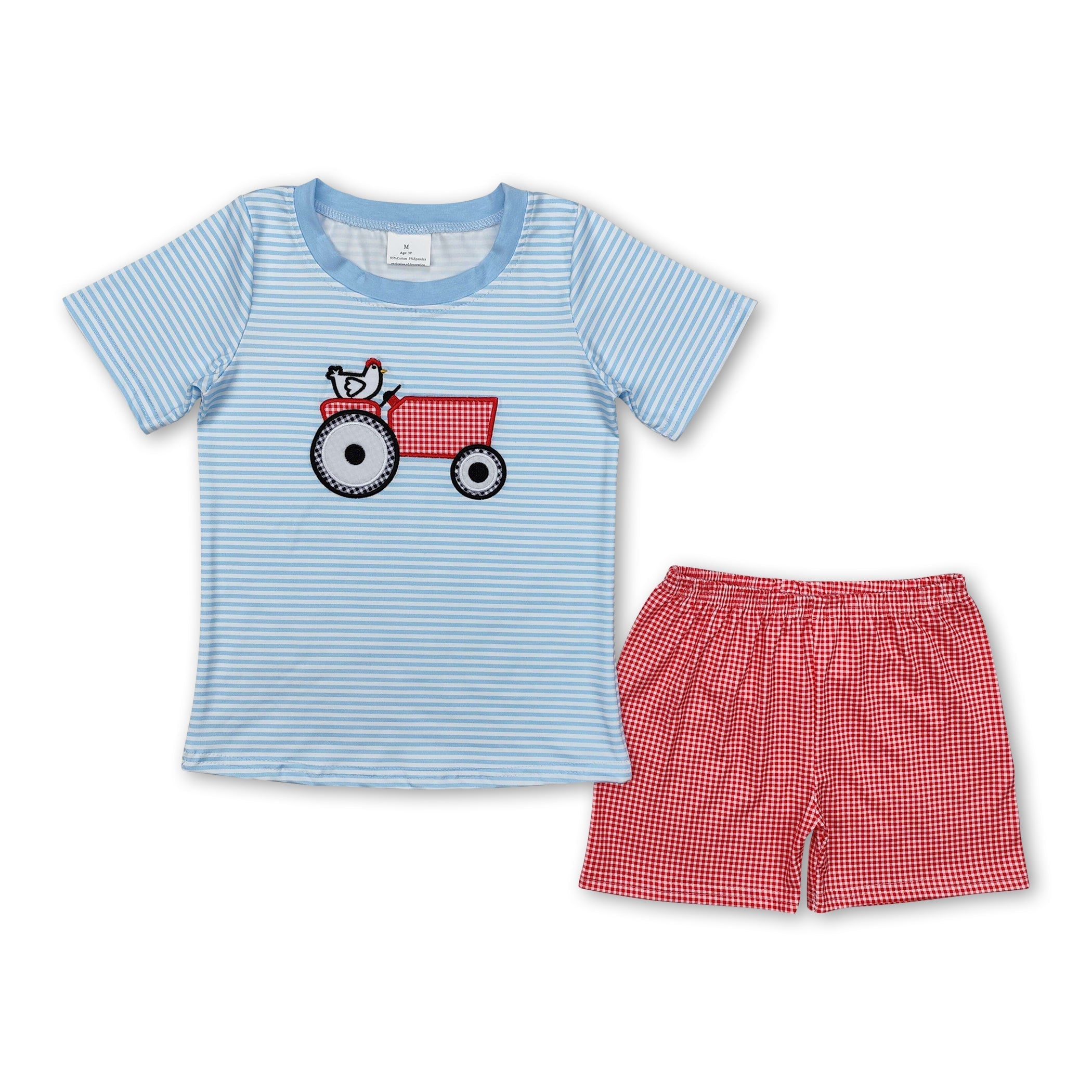 Short sleeves stripe chicken tractor boys farm clothes