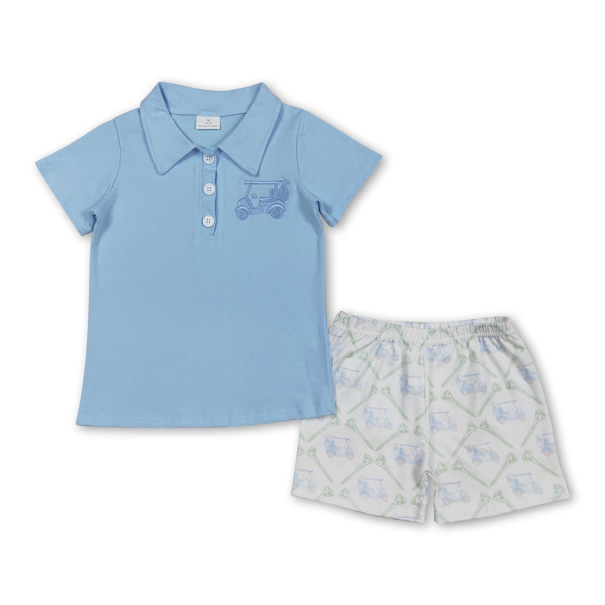 Light blue golf polo top shorts kids boys clothing set