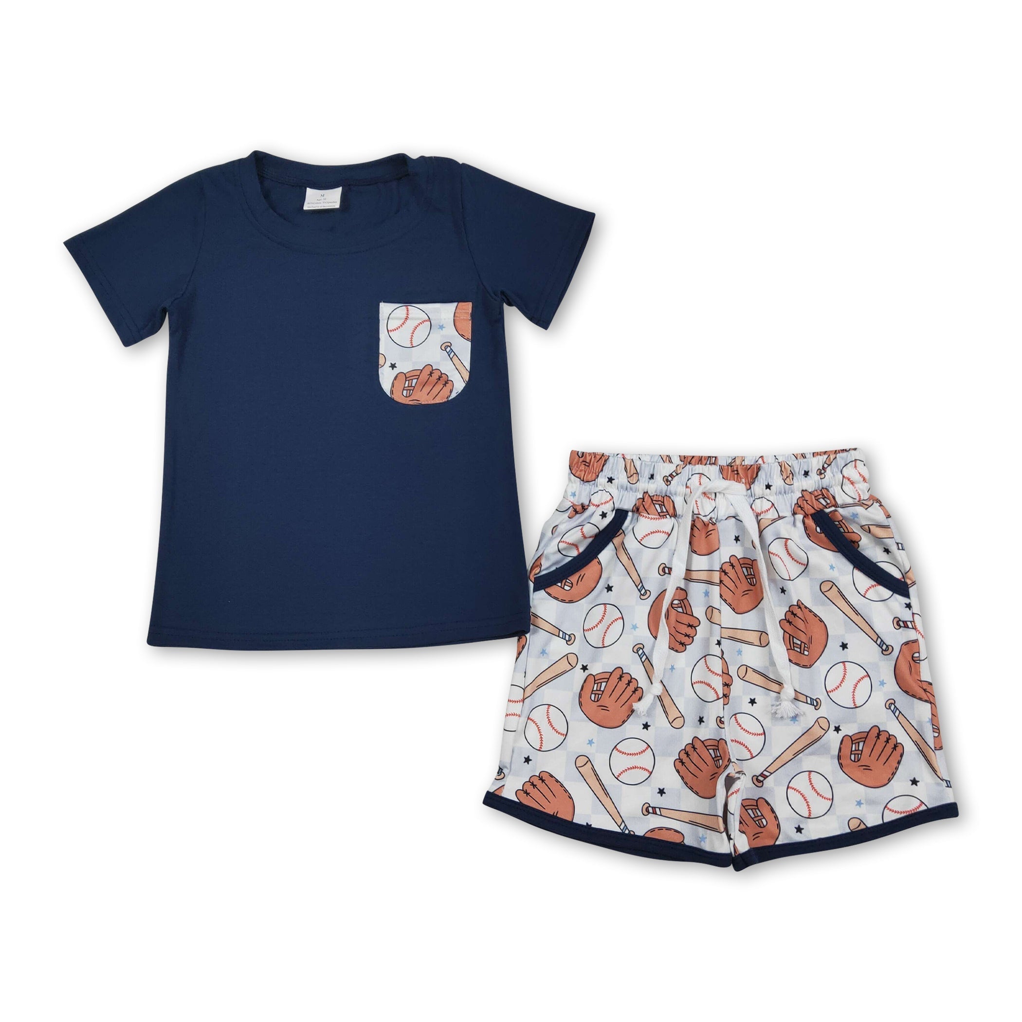 Short sleeves pocket top baseball plaid shorts boys outfits