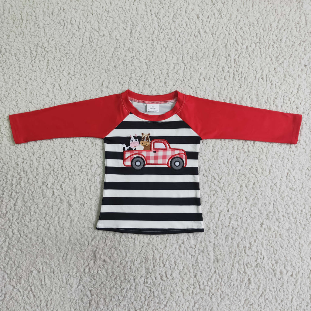 Cow tractor embroidery boy long sleeve shirt