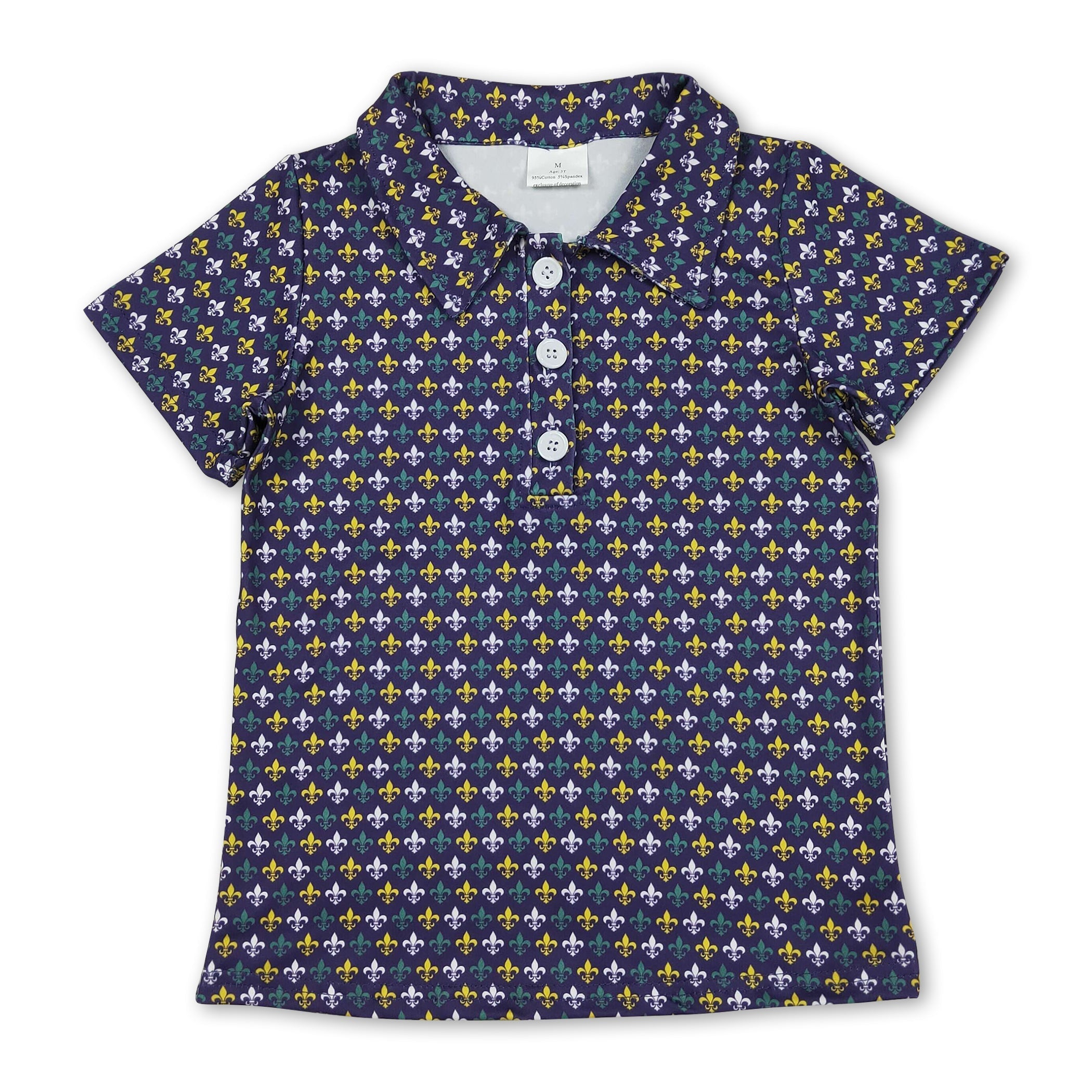 Purple green yellow short sleeves boys mardi gras polo shirt