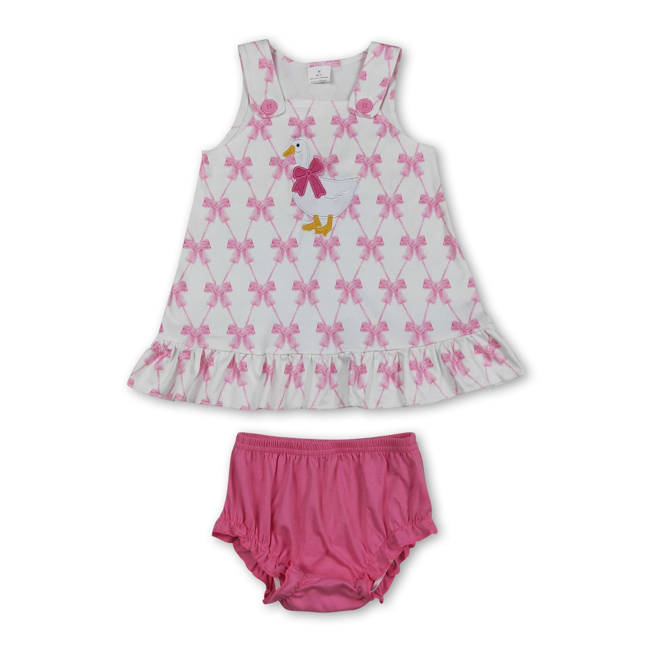 Sleeveless pink bow goose embroidery baby girls bummies set