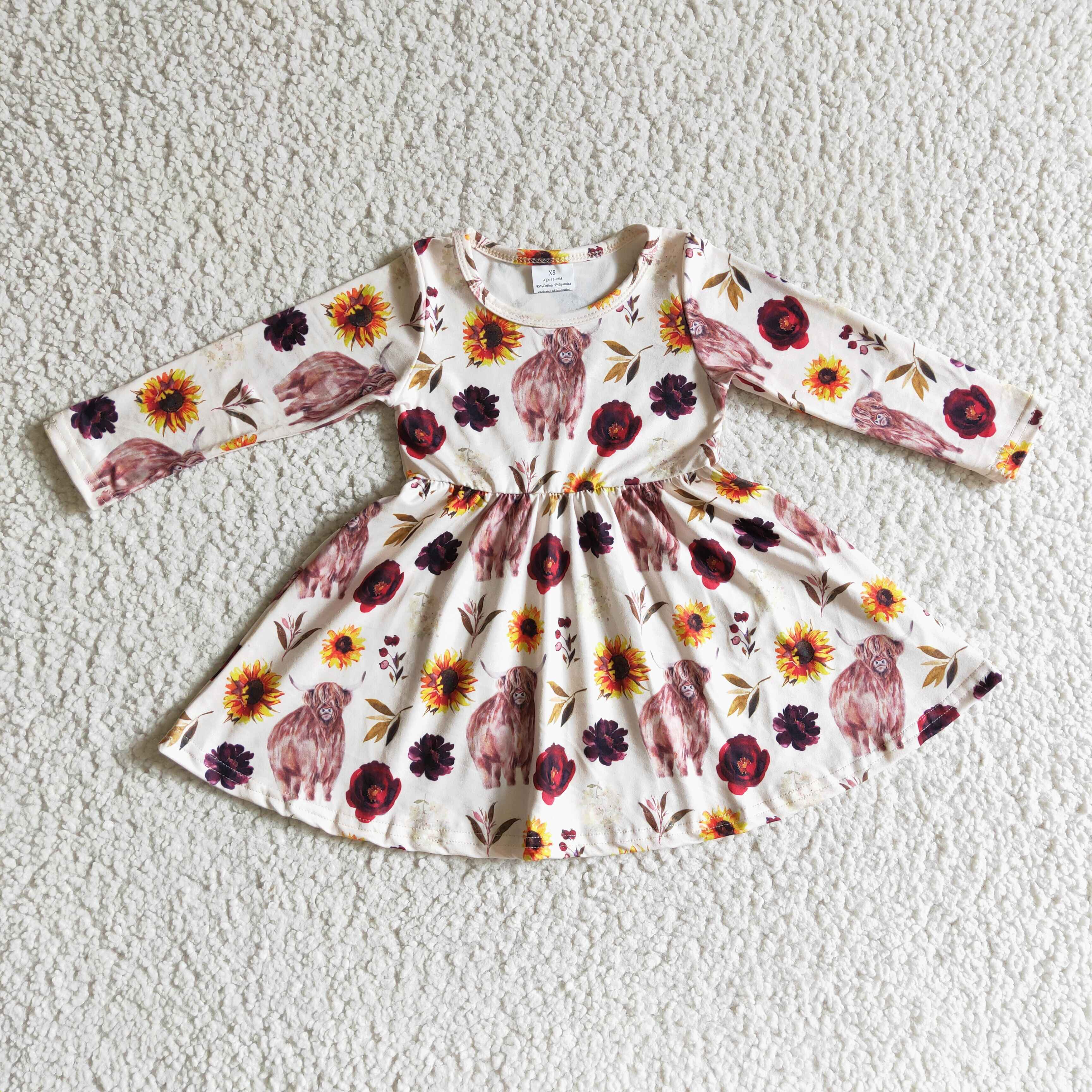 Highland cow floral long sleeves baby girls twirl dresses