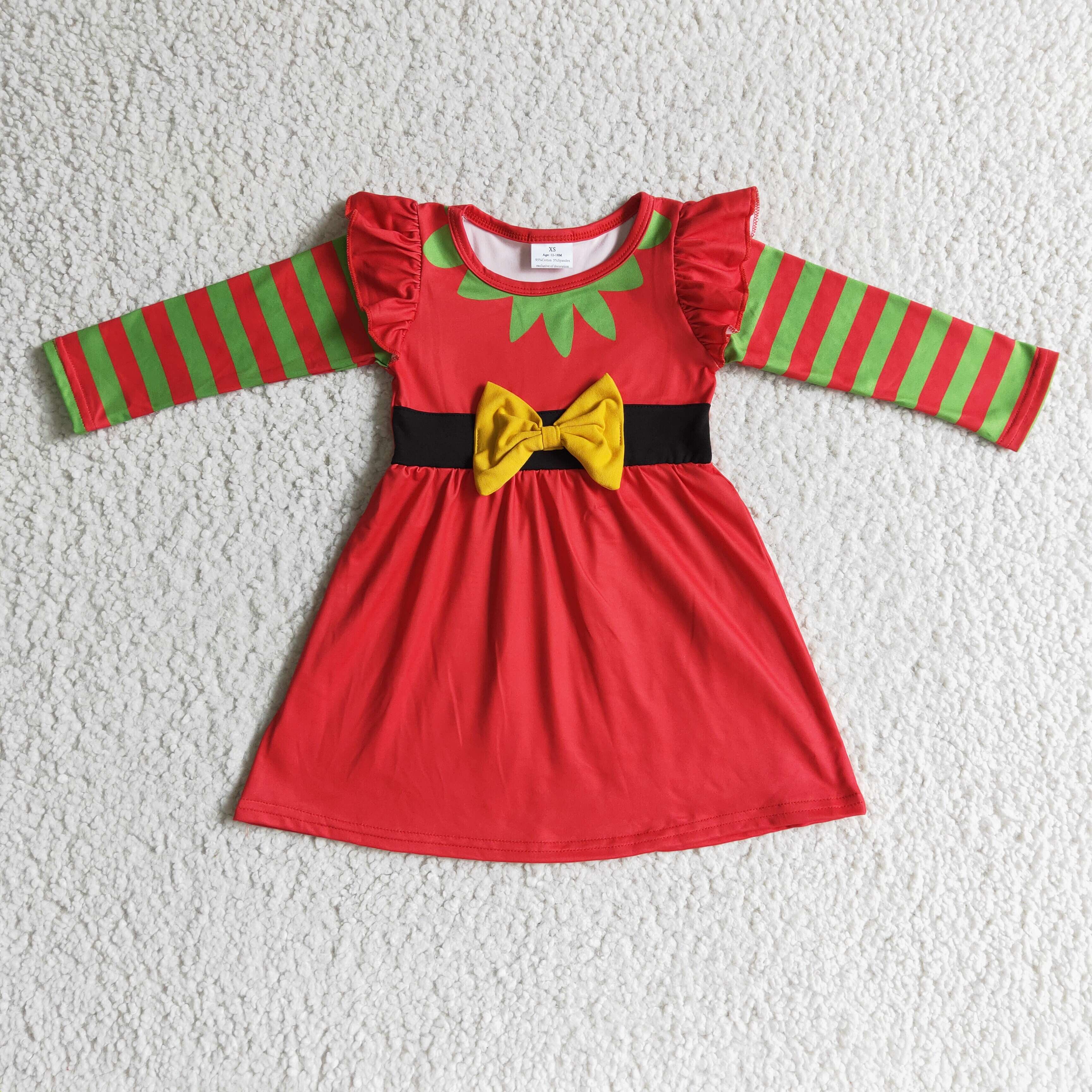 Stripe long sleeves red bow baby girls Christmas dresses