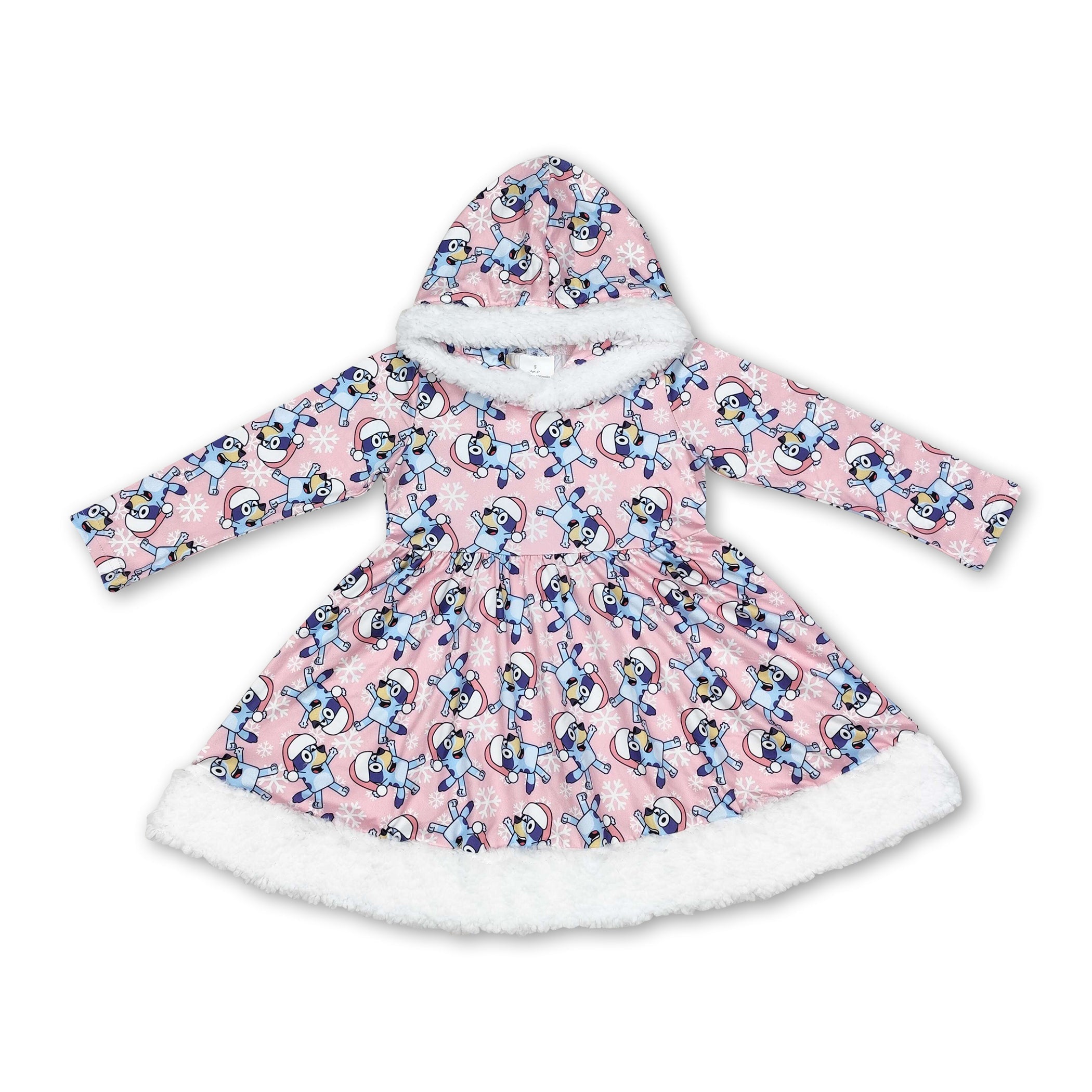 Pink dog Christmas hat kids girls hooded dresses