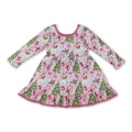 Long sleeves santa candy cane bow ruffle girls Christmas dress