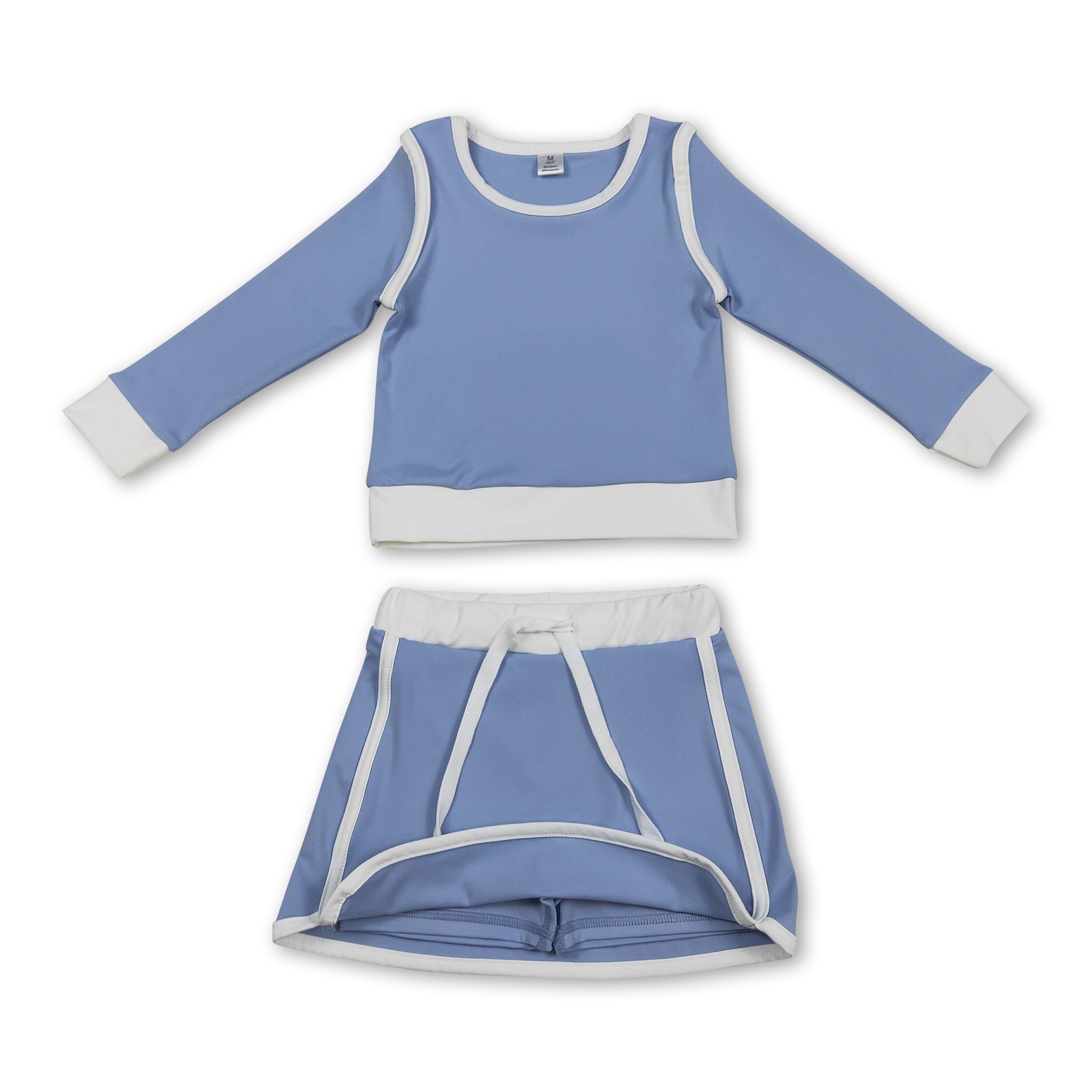 Long sleeves light blue top skirt kids girls active yoga outfits