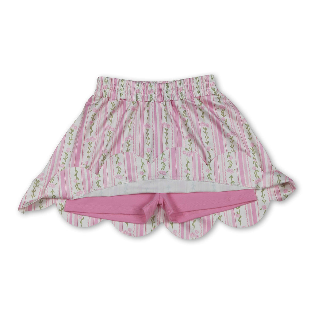 Pink floral elastic waist scallop kids girls skirts