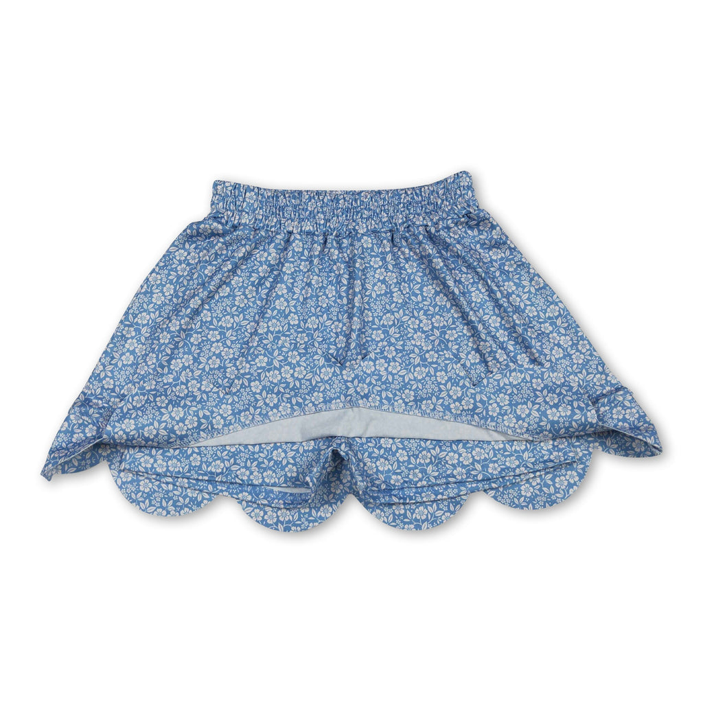 Blue floral elastic waist scallop kids girls skirts