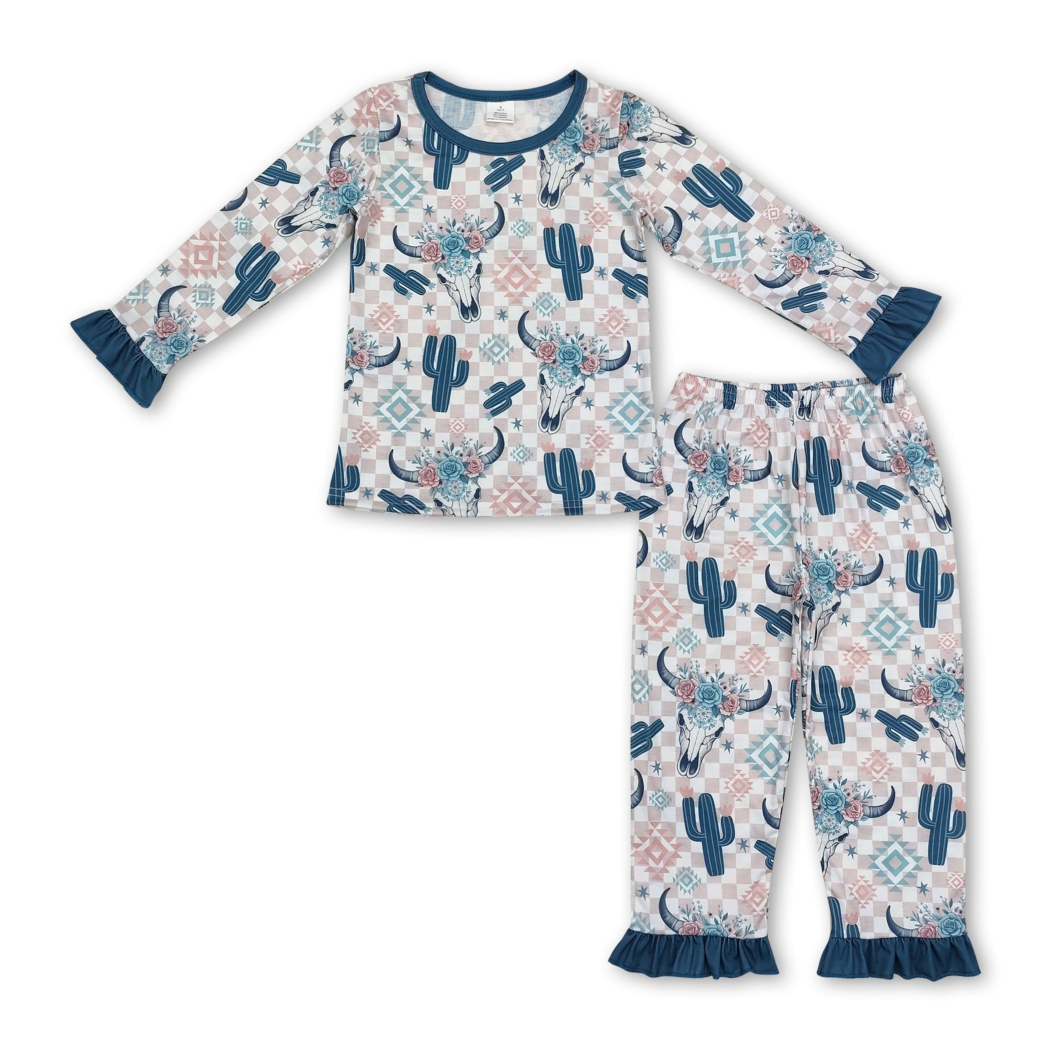 Long sleeves bull skull cactus plaid girls western pajamas