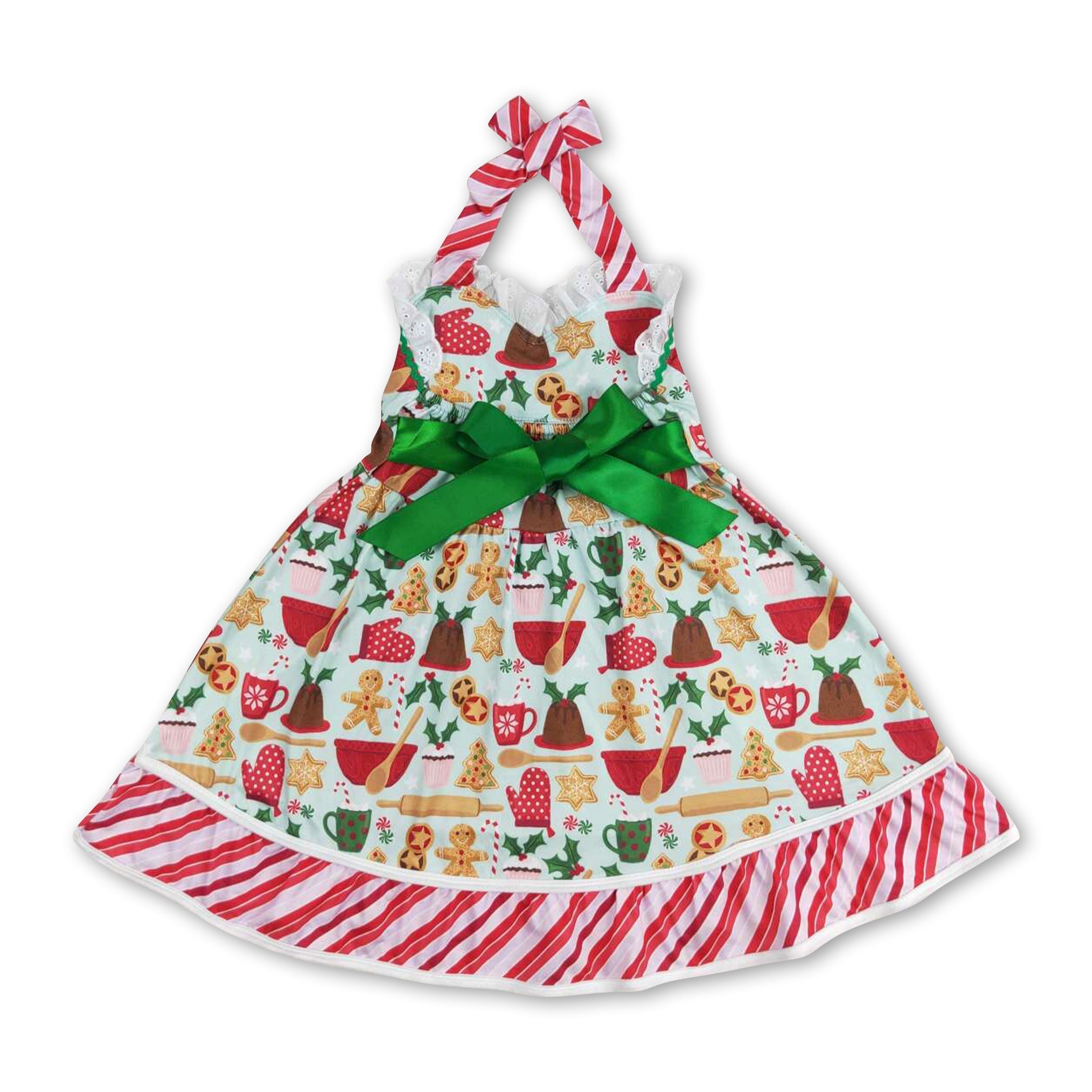 Gingerbread Christmas tree cake kids girls halter dresses