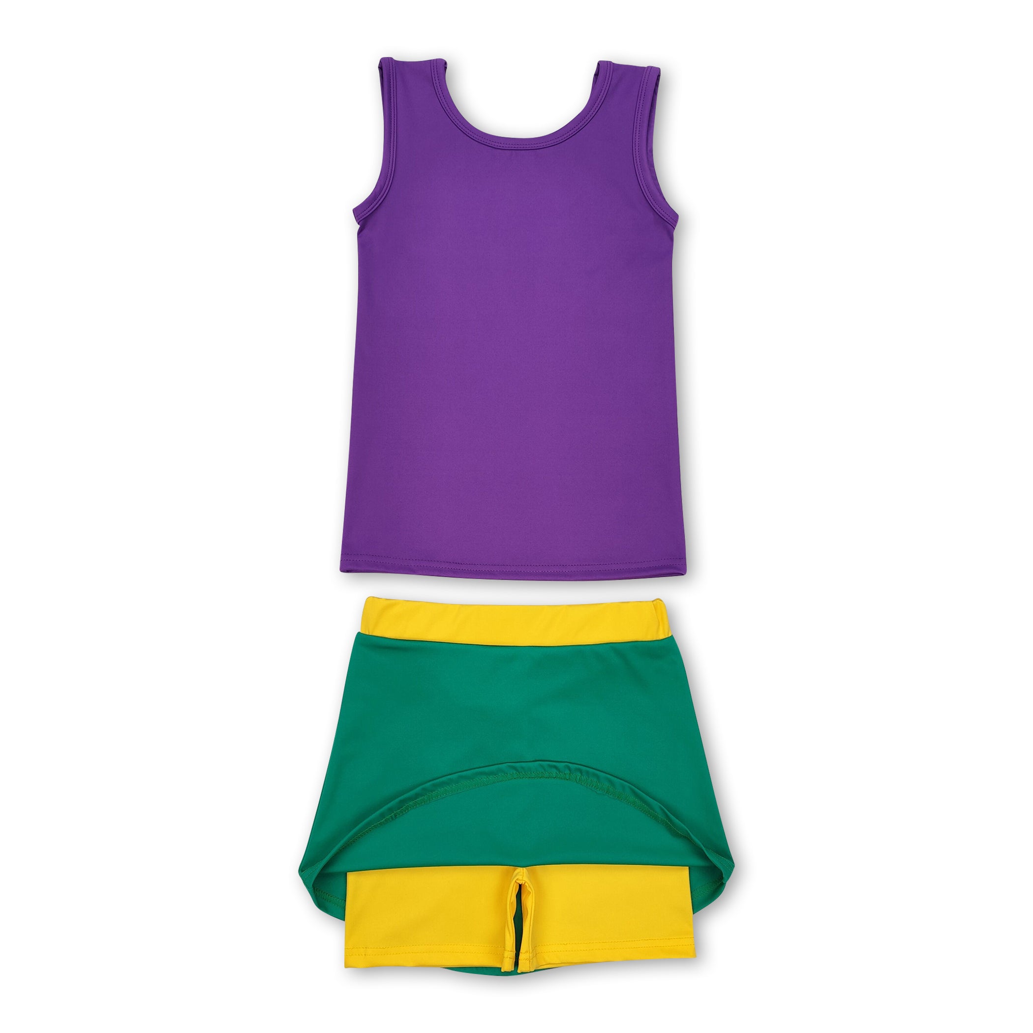 Purple top yellow green skirt girls mardi gras active wear set