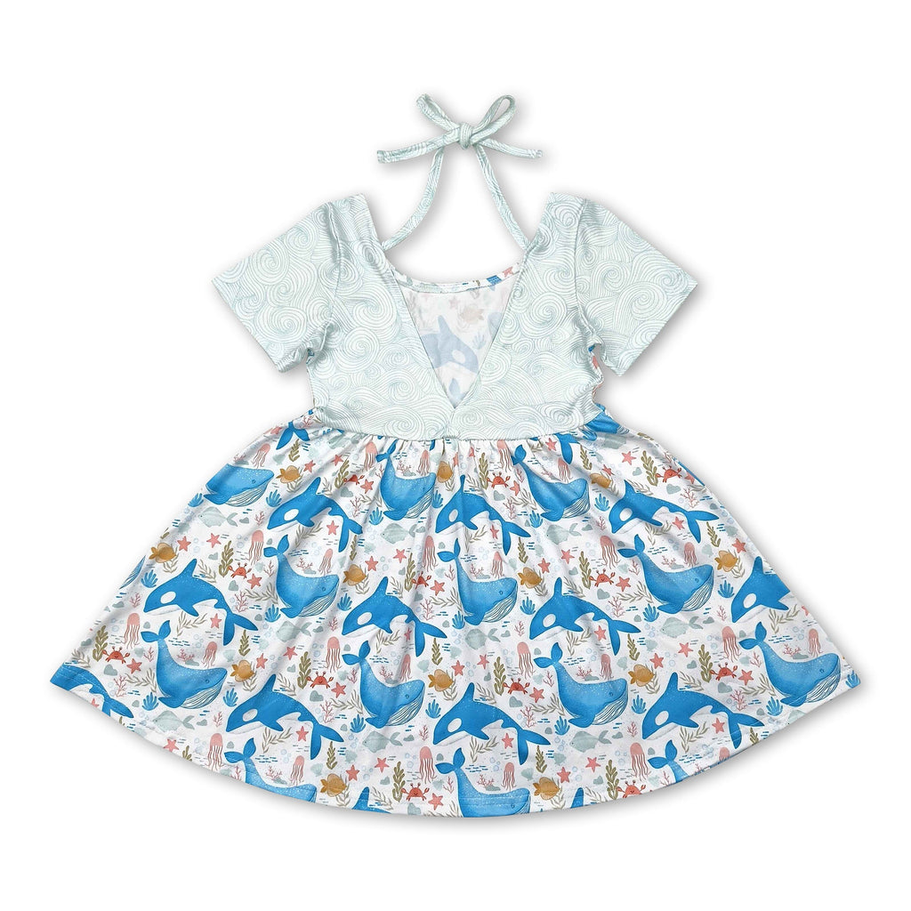 Short sleeves dolphin seaweed kids girls summer dress