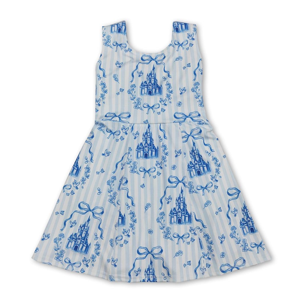 Sleeveless light blue bow castle kids girls athletic dresses