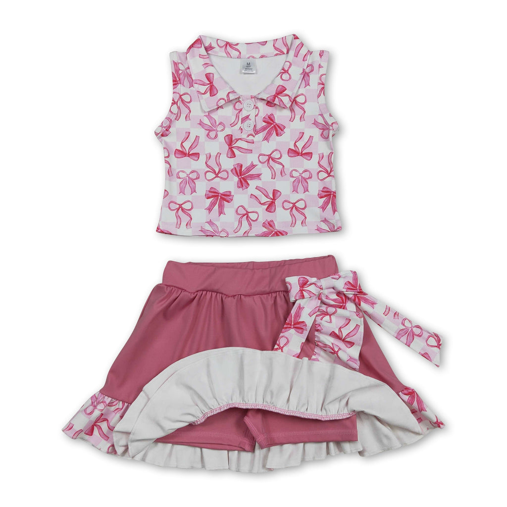 Sleeveless plaid bow top ruffle skirt girls activewear set