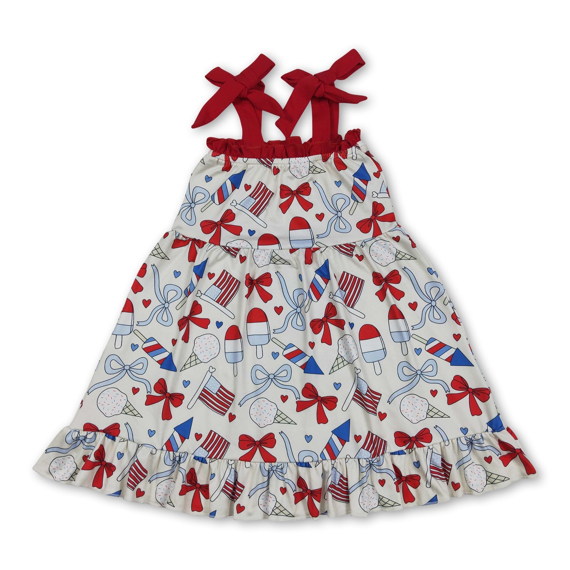 Straps popsicle bow flag girls ruffle 4th of july dresses