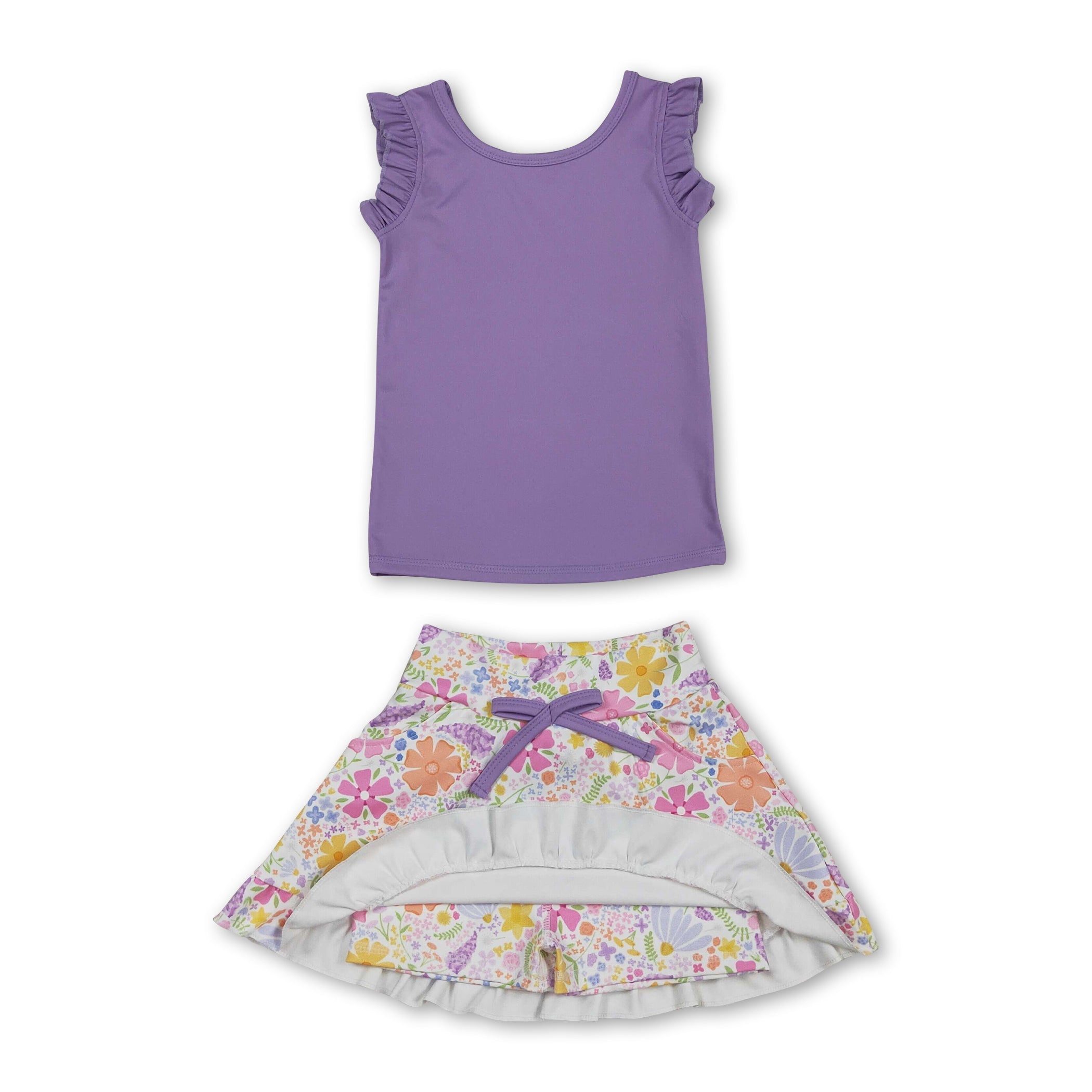 Sleeveless lavender top floral skirt girls active wear set