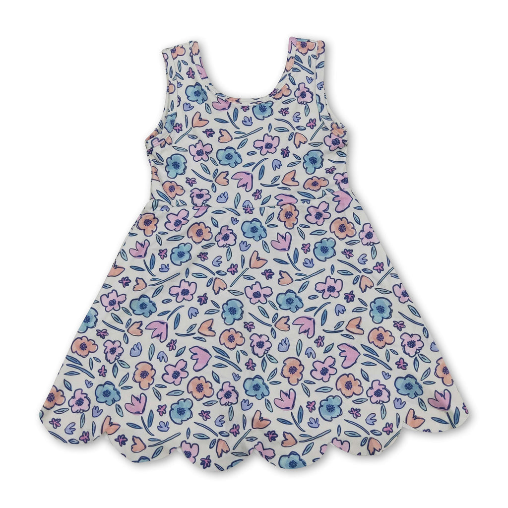 Sleeveless floral scallop kids girls summer athletic dress