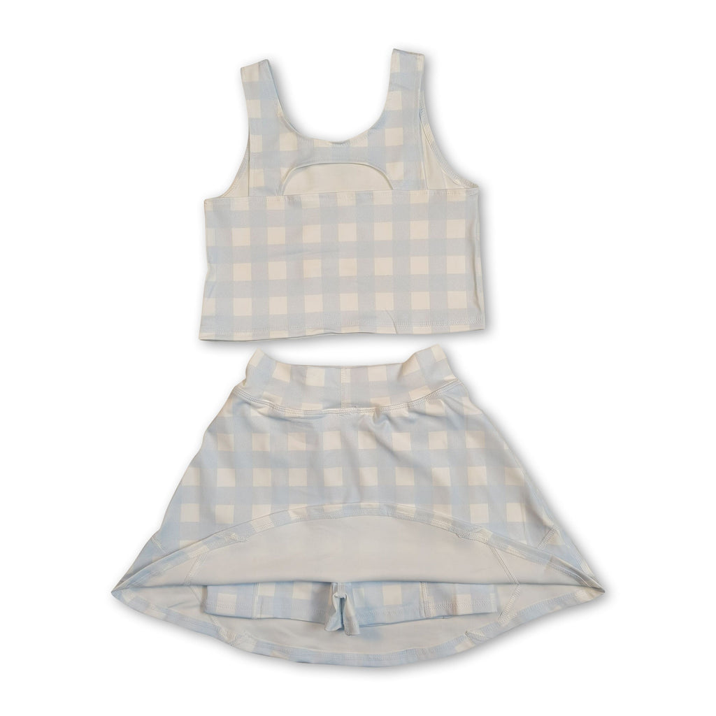 Sleeveless sky blue plaid crop top skirt kids girls activewear set